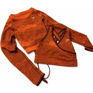 Gymshark Seamless Camo Workout Set XS Orange Brown Lg Sleeve Crop Top Sports Bra